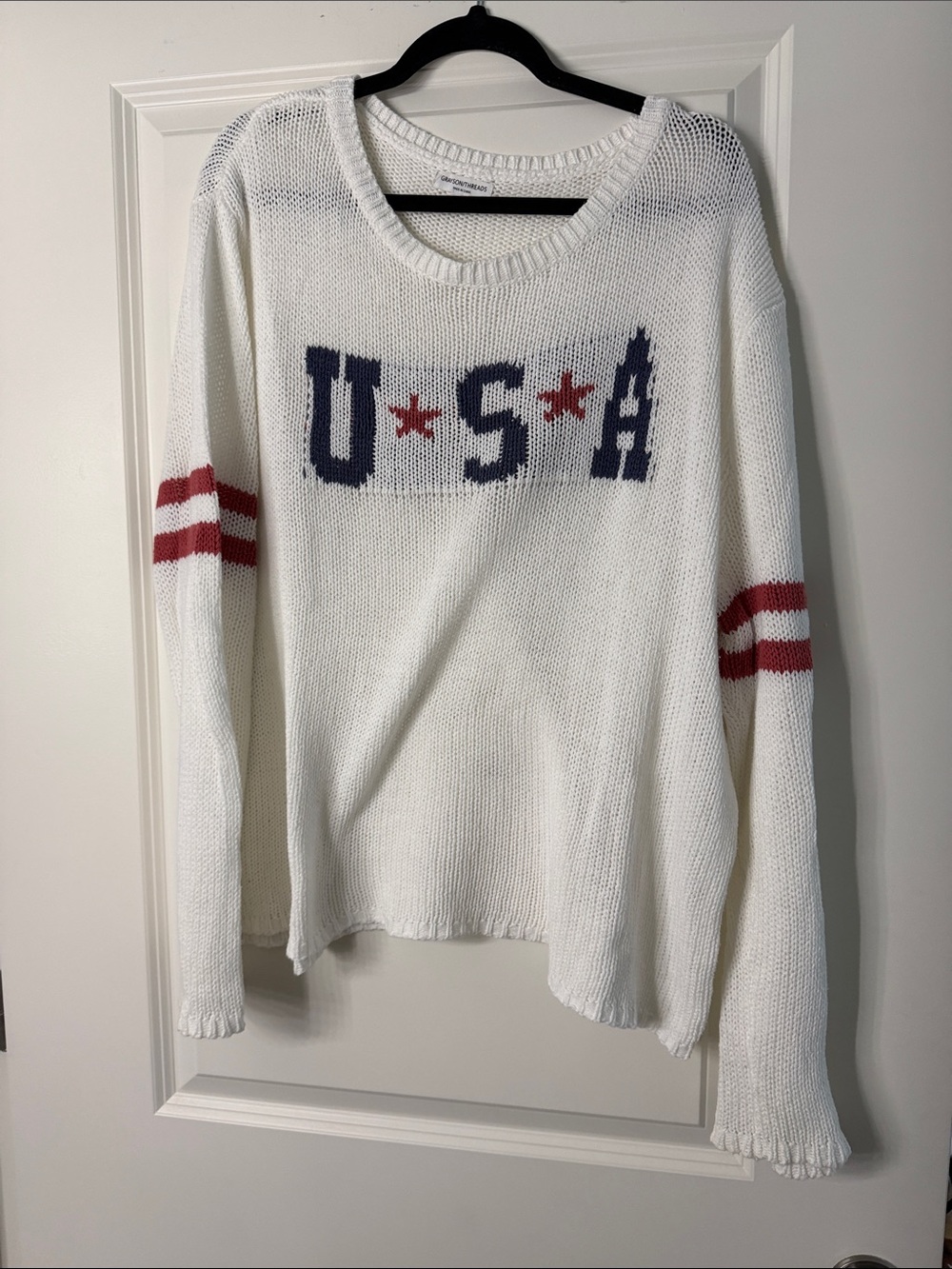 Oversized USA Crewneck Knit Sweater - White with Red & Navy